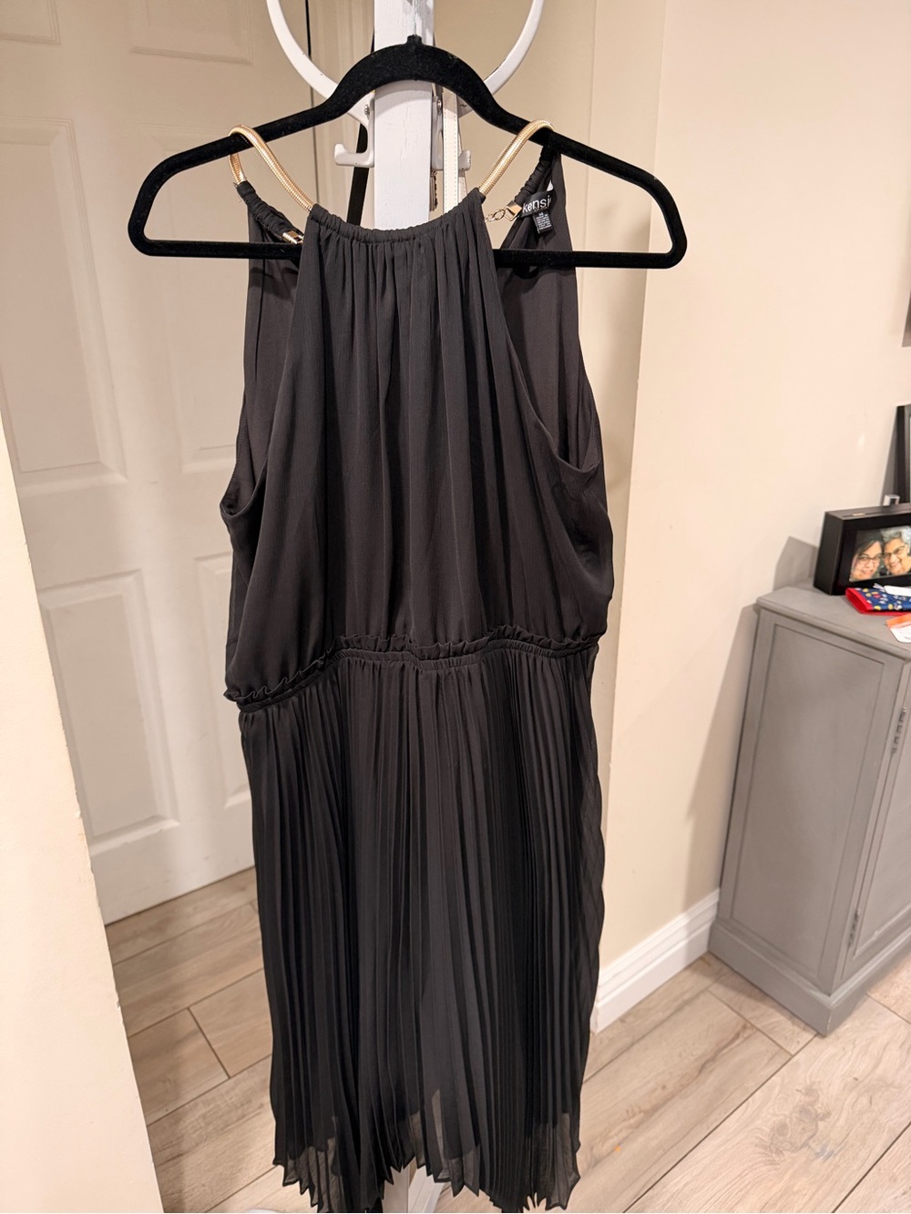 Kensie Black Pleated Halter Cocktail Dress with Gold Straps